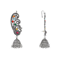 Etnico Navratri Silver Oxidised Traditional Paisley Ear Cuffs with Colourful Detailing & Jhumka Drops Earrings for Women