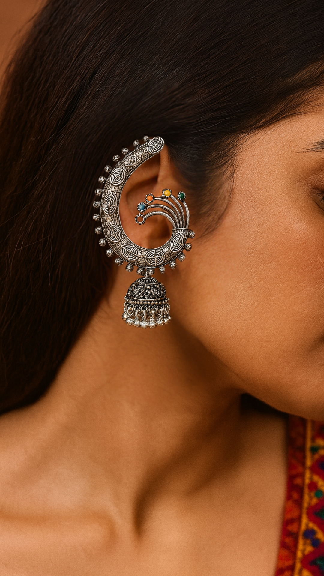 Etnico Silver Oxidised Traditional Ear Cuff with Jhumka Navratri Earrings For Women (Traditional)