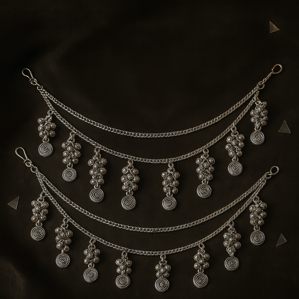Etnico Navratri Silver Oxidised Layered Ear Chains with Danglers for Women