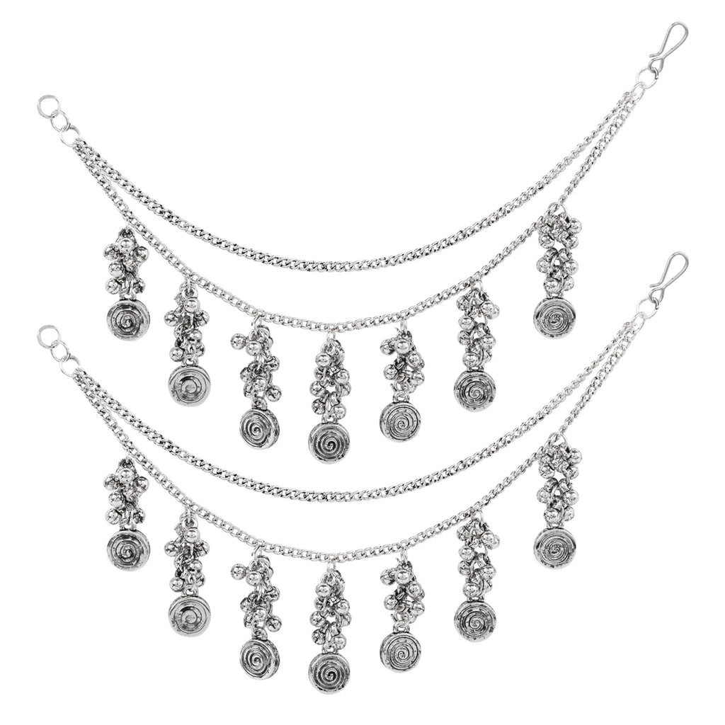 Etnico Navratri Silver Oxidised Layered Ear Chains with Danglers for Women