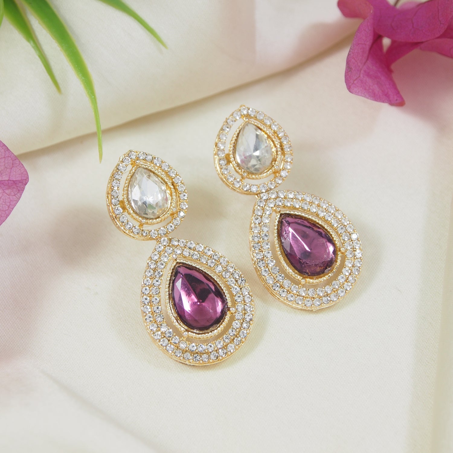Etnico Gold Plated Traditional Stone & Beads Tear Drop Earrings For Women