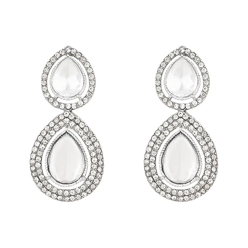 Etnico Silver Plated Traditional Stone & Beads Tear Drop Earrings For Women