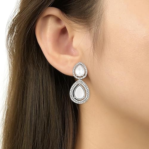 Etnico Silver Plated Traditional Stone & Beads Tear Drop Earrings For Women