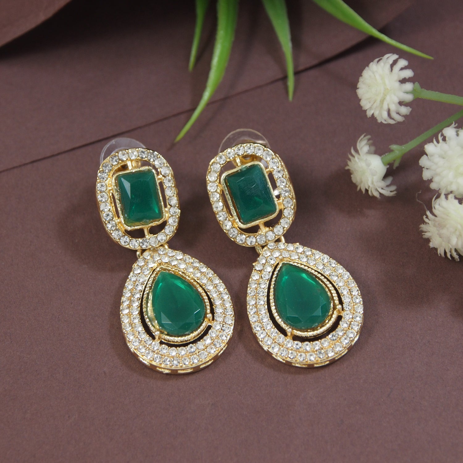 Etnico Gold Plated Traditional Stone & Beads Tear Drop Earrings For Women