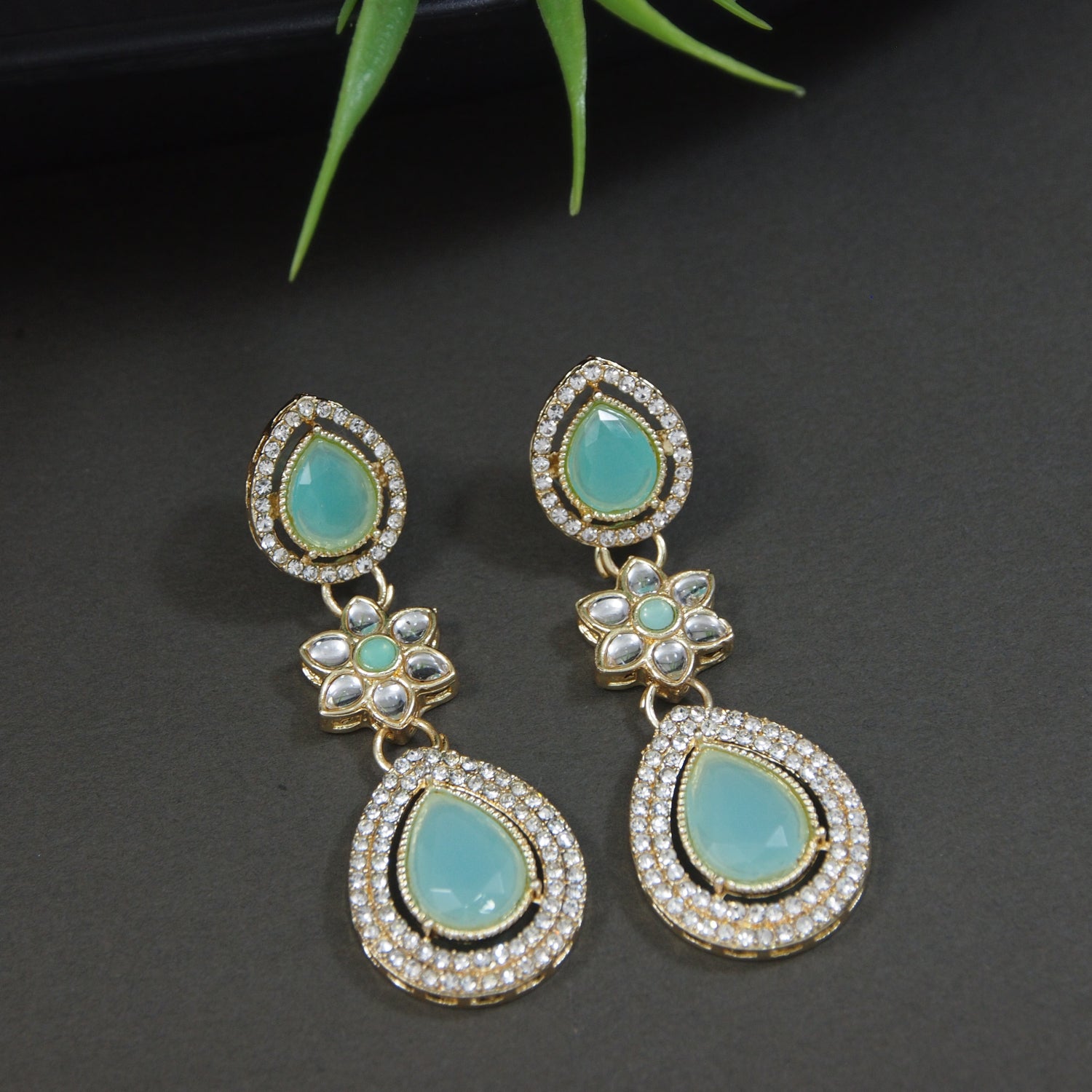 Etnico Silver Plated Traditional Stone & Beads Tear Drop Earrings For Women