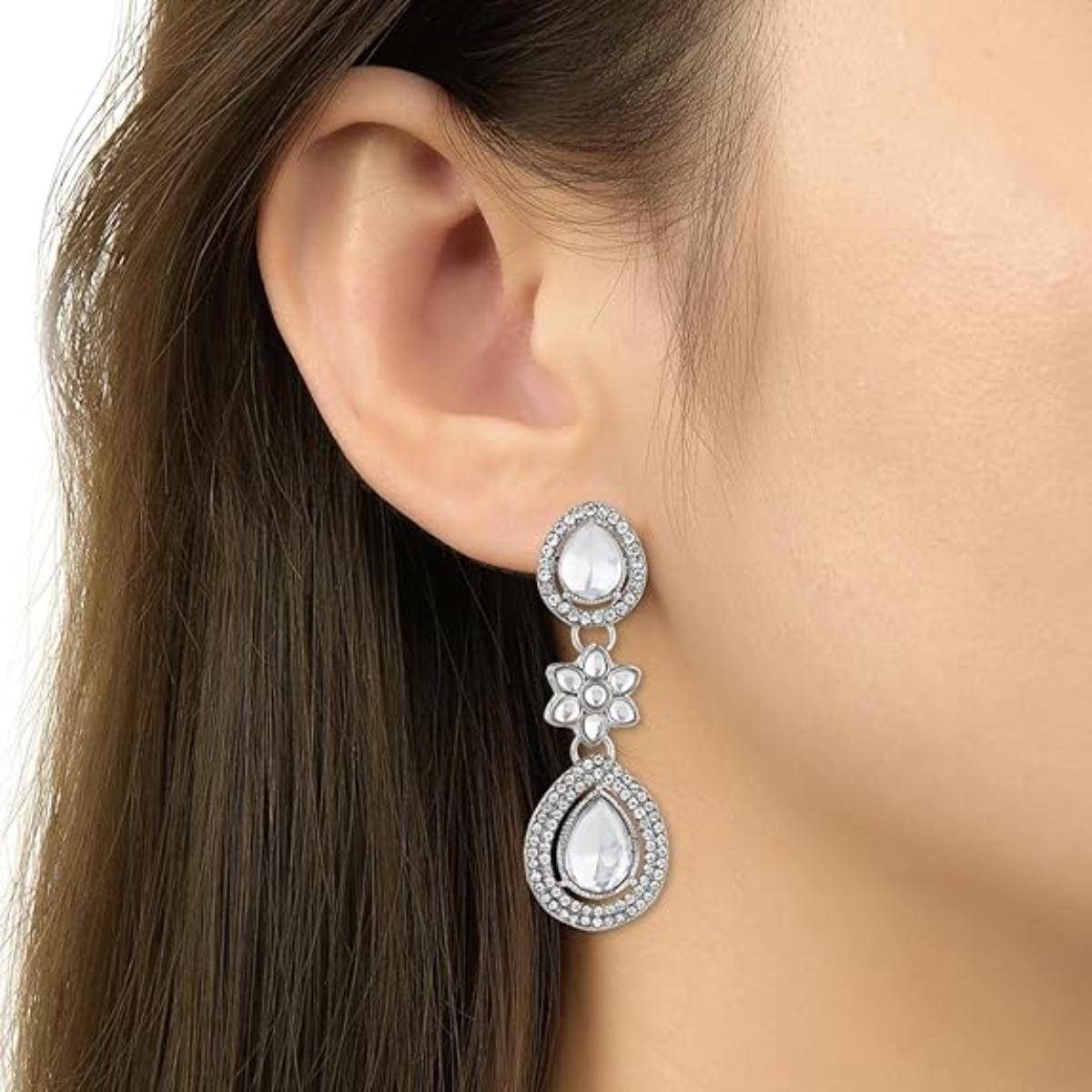 Etnico Silver Plated Traditional Stone & Beads Tear Drop Earrings For Women