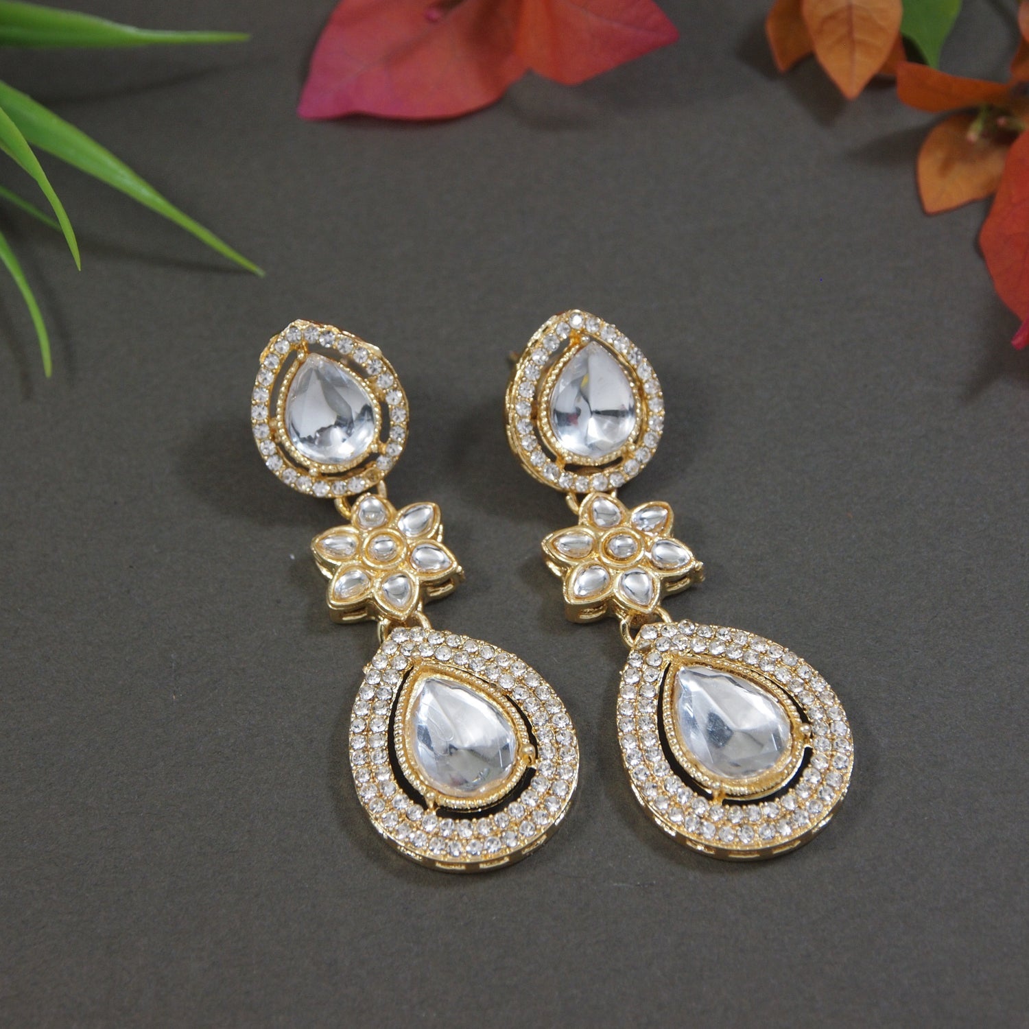 Etnico Gold Plated Traditional Stone & Beads Tear Drop Earrings For Women