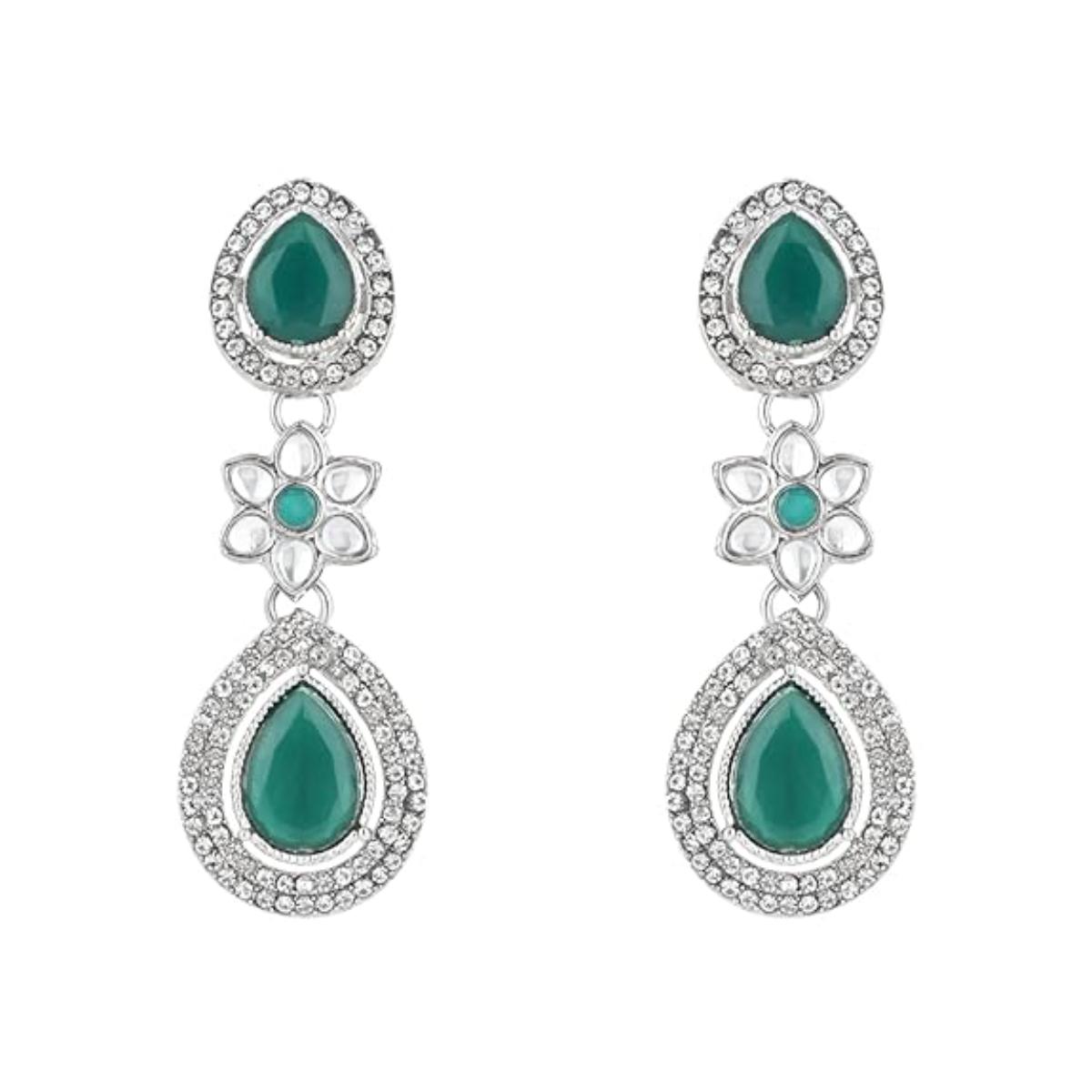 Etnico Silver Plated Traditional Stone & Beads Tear Drop Earrings For Women
