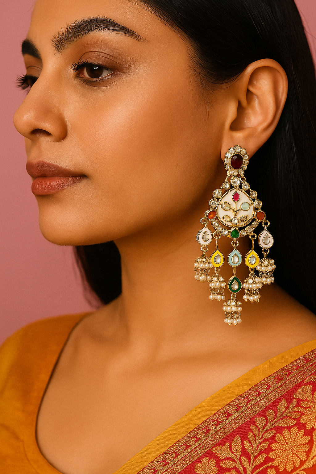 Etnico Gold Plated Traditional Kundan and Mother of Pearl Jhumki Danglers Earrings for Women