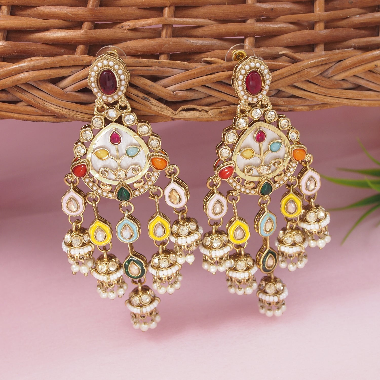 Etnico Gold Plated Traditional Kundan and Mother of Pearl Jhumki Danglers Earrings for Women