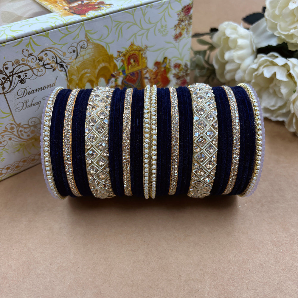 Wedding Chuda Gold Plated Austrian Stone And Pearl Velvet Bangles Set