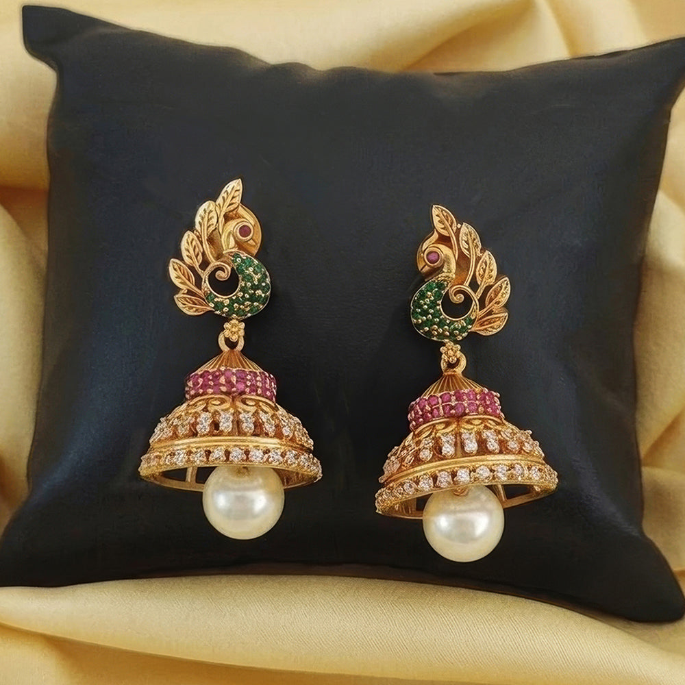 Js Fashion  Kemp Jewellery Matte Gold Polish Peacock Design Kemp Jhumka Earrings