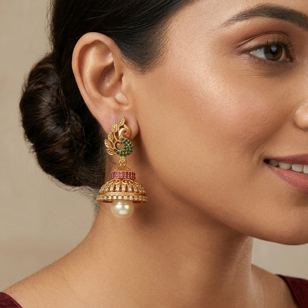Js Fashion  Kemp Jewellery Matte Gold Polish Peacock Design Kemp Jhumka Earrings