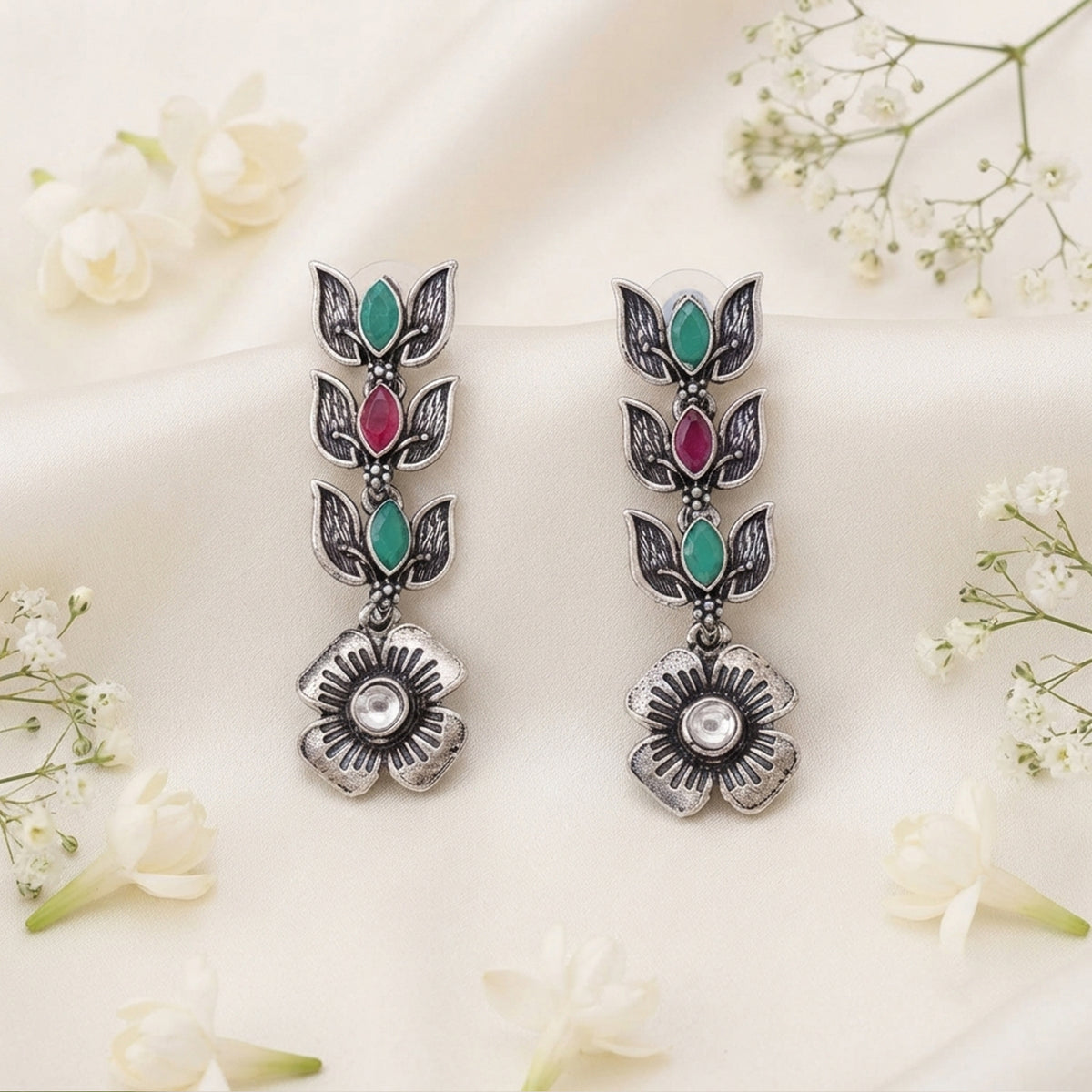 Js Fashion Beautiful Full Stone Oxidized Silver Fancy Style Earrings