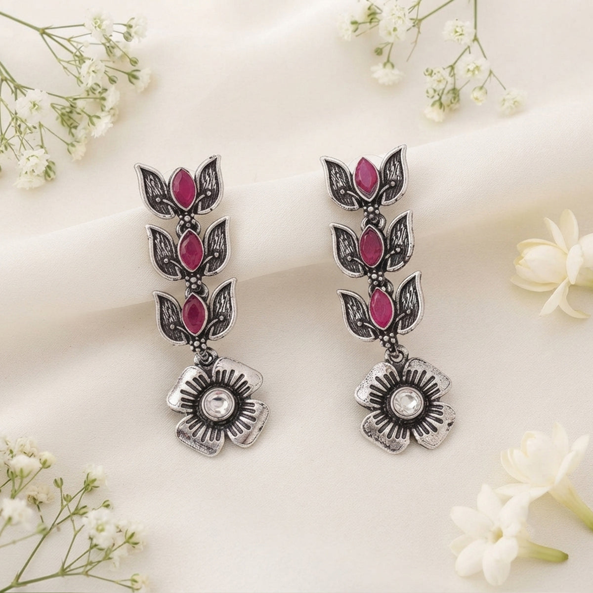 Js Fashion Beautiful Full Stone Oxidized Silver Fancy Style Earrings