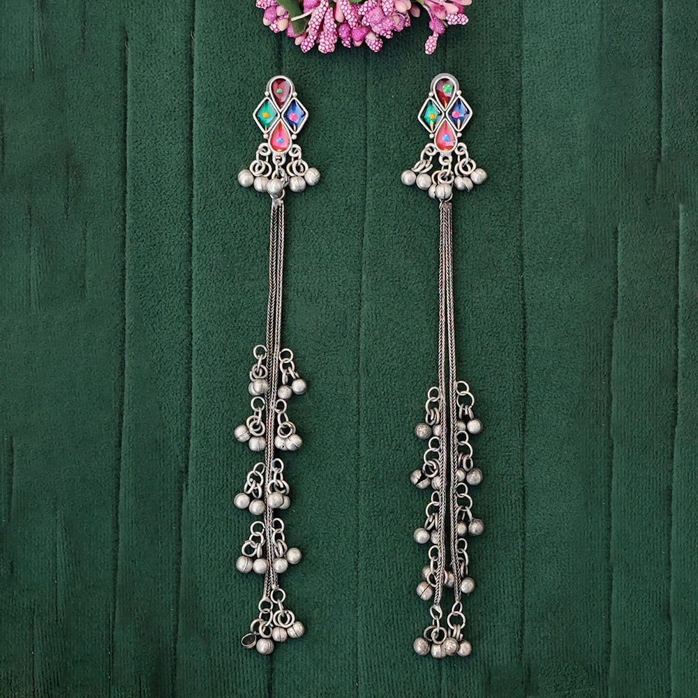 JS Fashion Oxidised Plated Designer Crystal Stone And Pearl Kashmiri Long Dangler Earrings