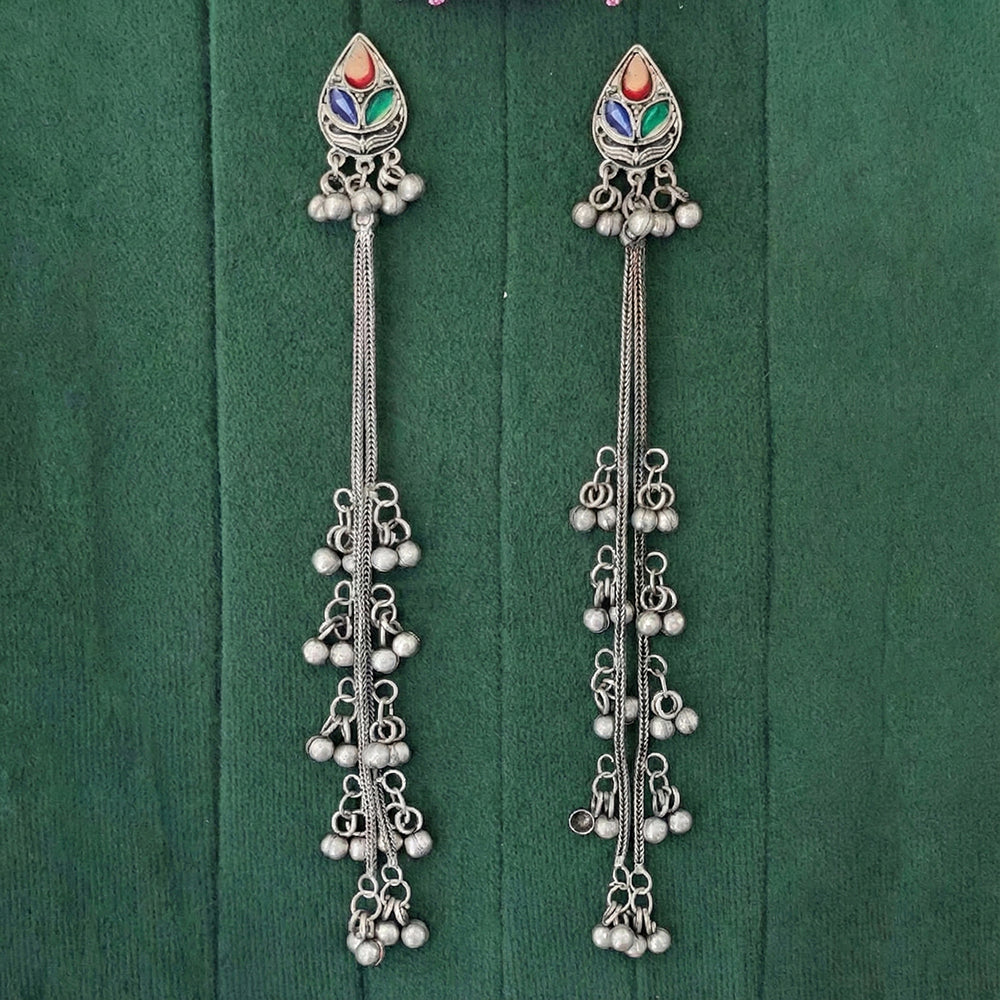 JS Fashion Oxidised Plated Designer Crystal Stone And Pearl Kashmiri Long Dangler Earrings