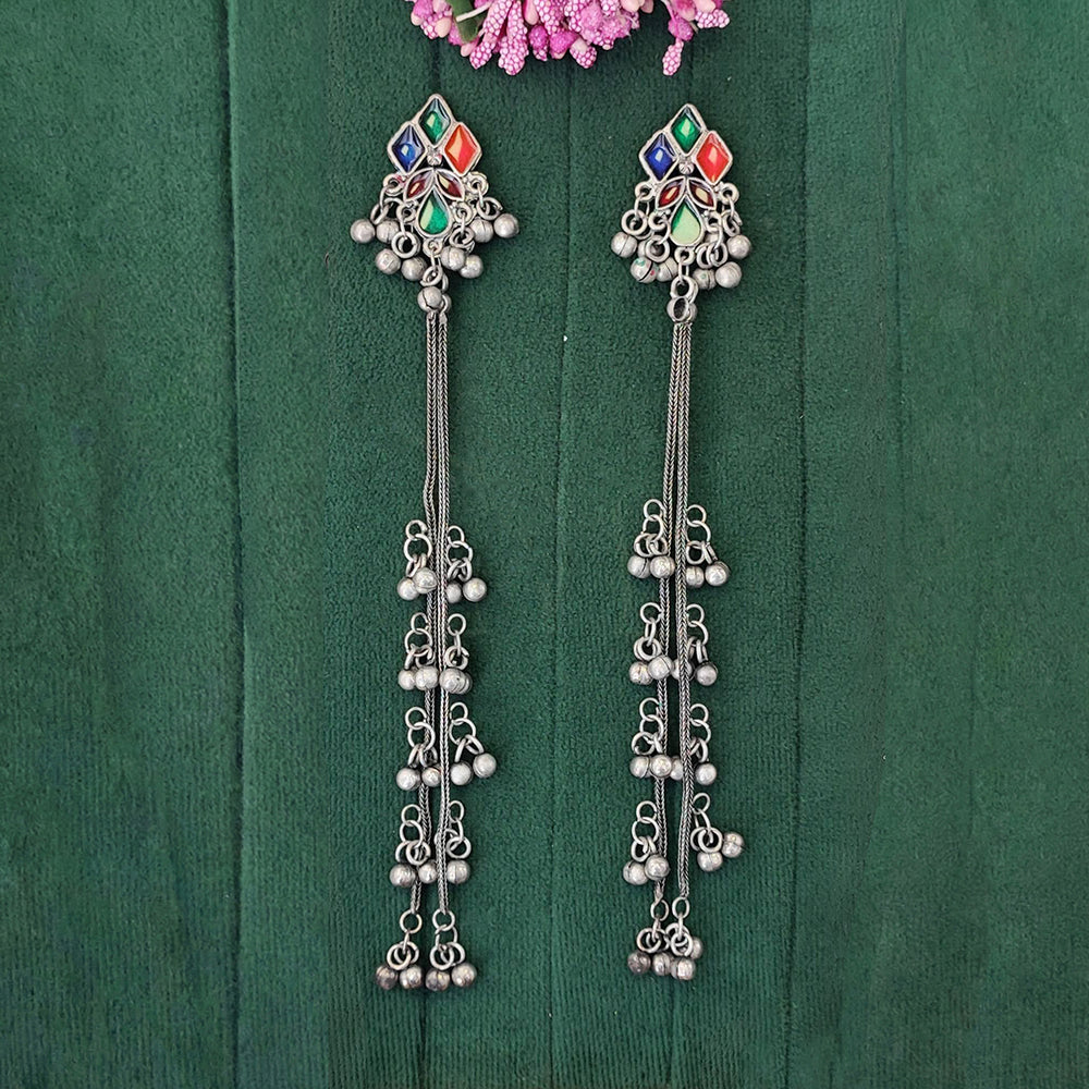 JS Fashion Oxidised Plated Designer Crystal Stone And Pearl Kashmiri Long Dangler Earrings