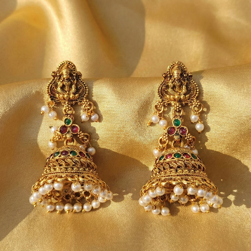 JS Fashion Royal Temple Pota Stone And Pearl Jhumki Earrings