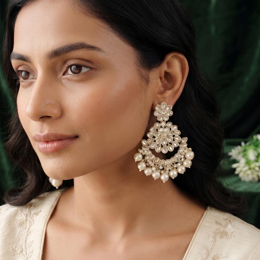 Js Fashion  Designer Pearl Chandbali Earrings with Kundan Work