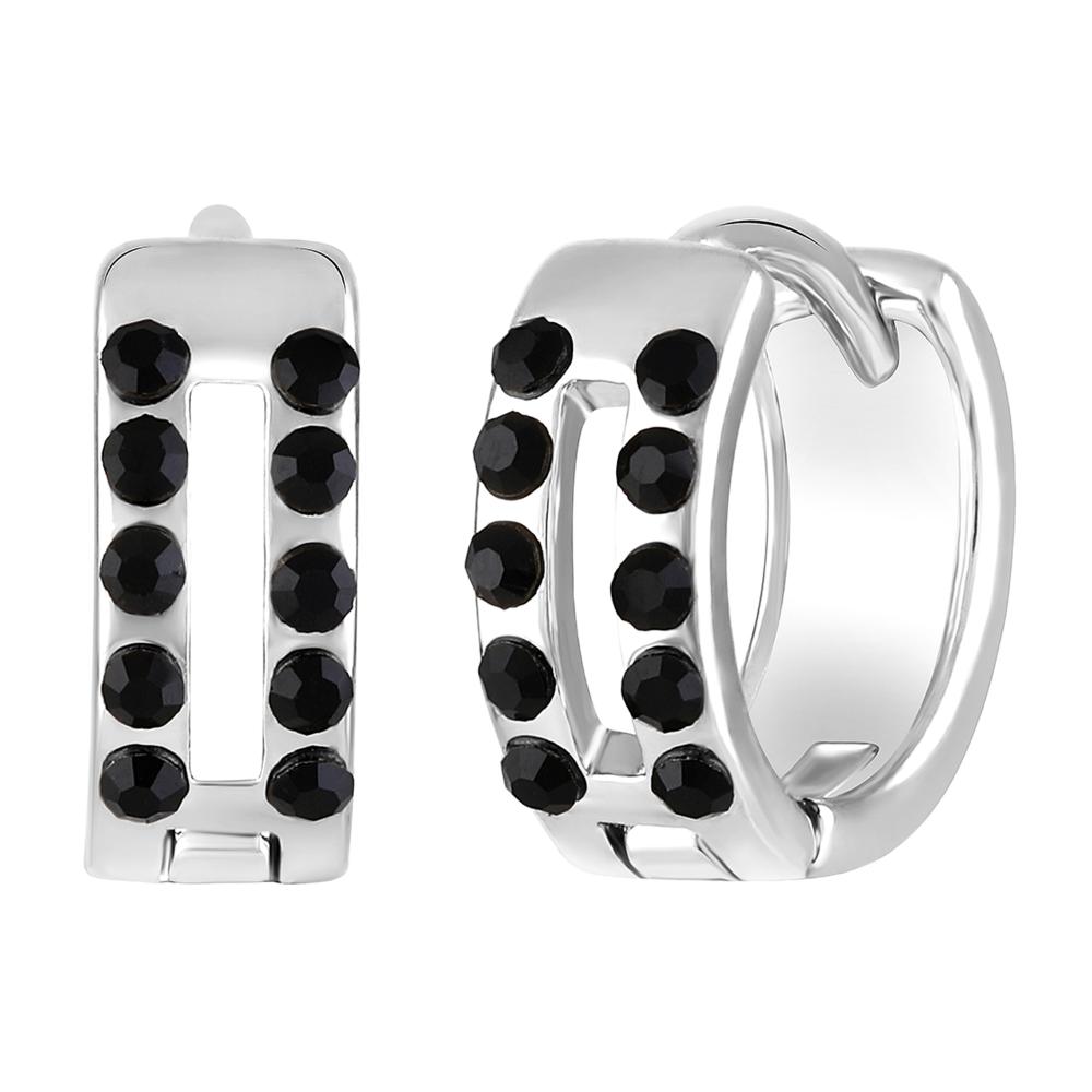 Mahi Rhodium Plated Double Line Black Crystals Hoop Bali Piercing Mens Earrings (ER1109838RMen)