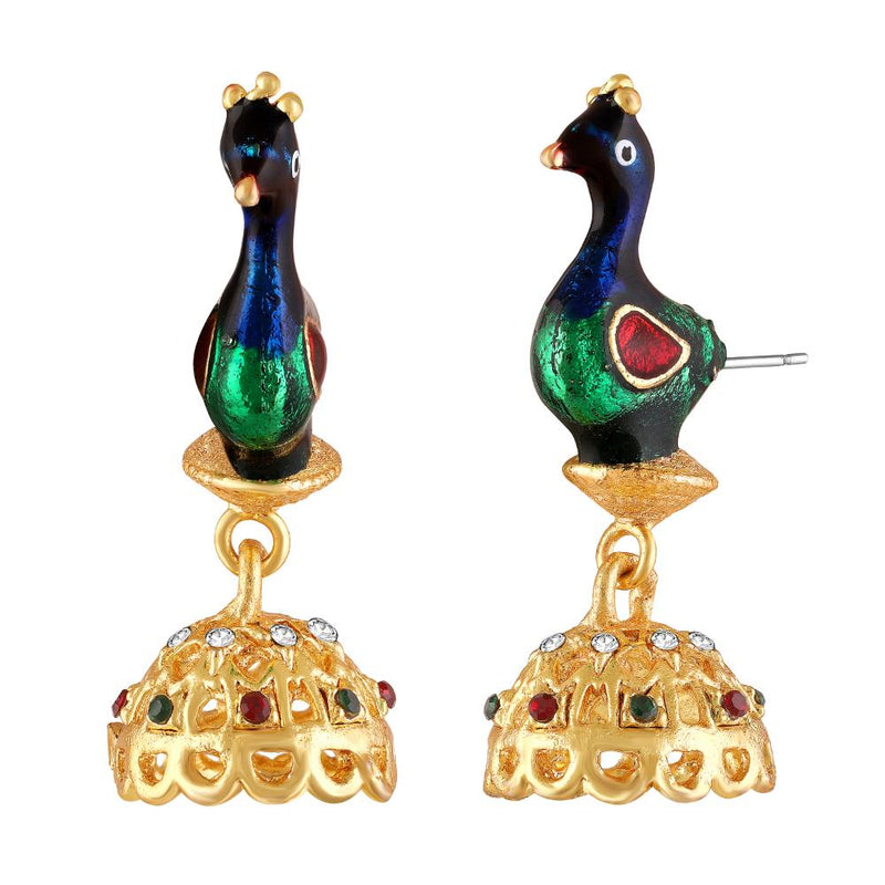 Mahi Meenakari Enamel Peacock-Shaped Dangler Jhumka Earrings for Women (ER1109866G)