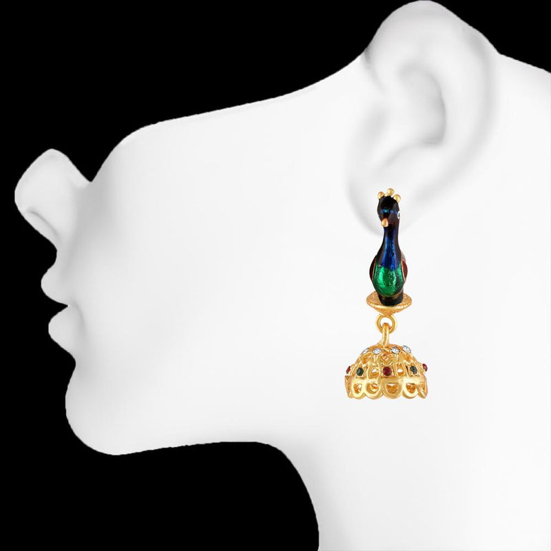 Mahi Meenakari Enamel Peacock-Shaped Dangler Jhumka Earrings for Women (ER1109866G)