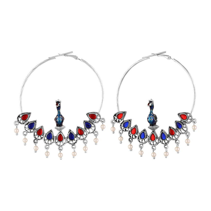 Mahi Meenakari Enamel Peacock-Shaped Big Bali Earrings with Artificial Beads for Women (ER1109867R)