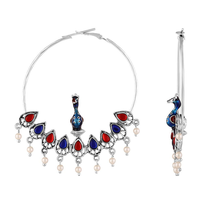 Mahi Meenakari Enamel Peacock-Shaped Big Bali Earrings with Artificial Beads for Women (ER1109867R)