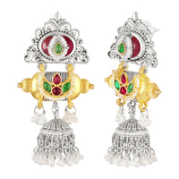 Mahi Traditional Dual-Tone Temple Style Dangler Jhumka Earrings with Kundan & Artificial Pearl Beads for Womens (ER1109886M)