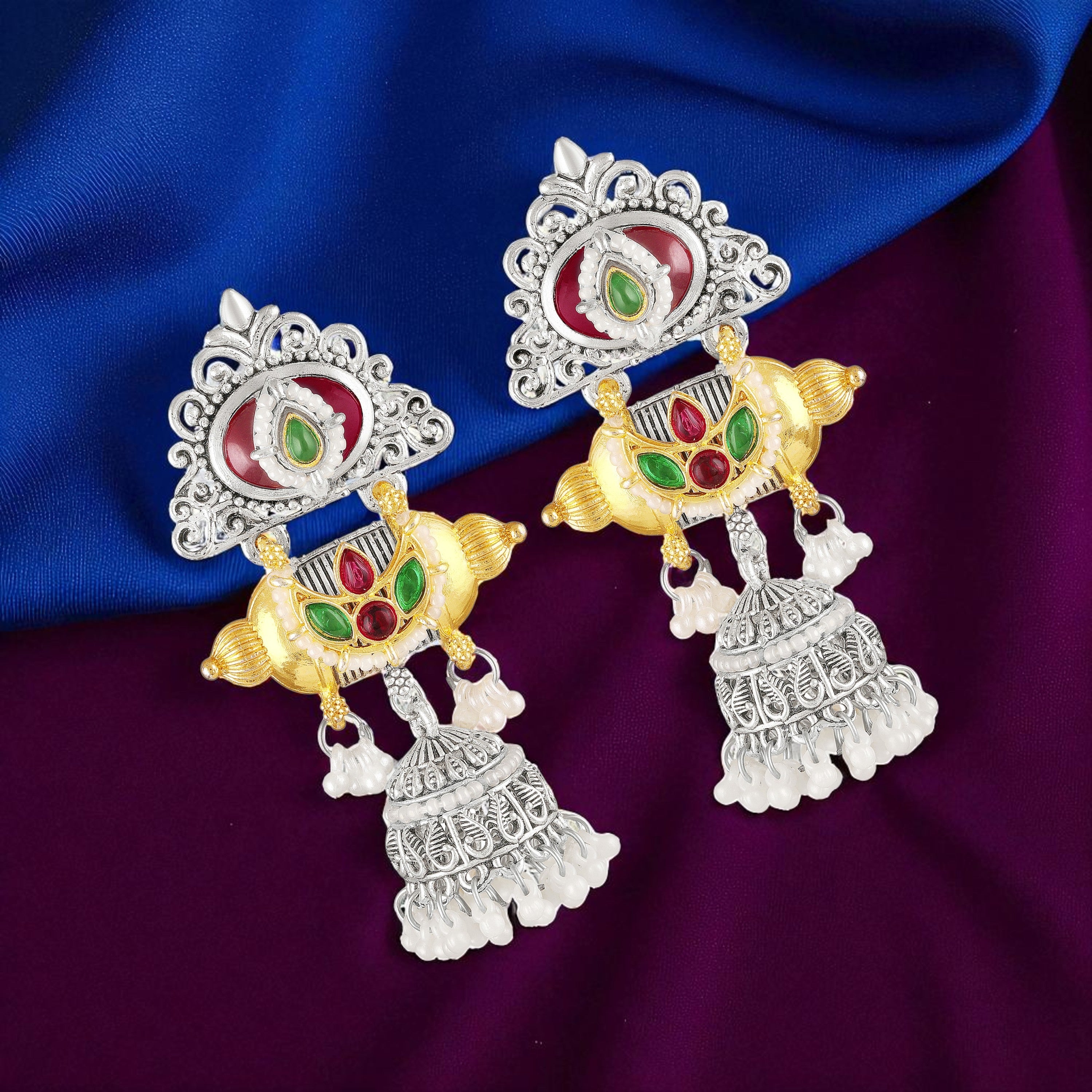 Mahi Traditional Dual-Tone Temple Style Dangler Jhumka Earrings with Kundan & Artificial Pearl Beads for Womens (ER1109886M)