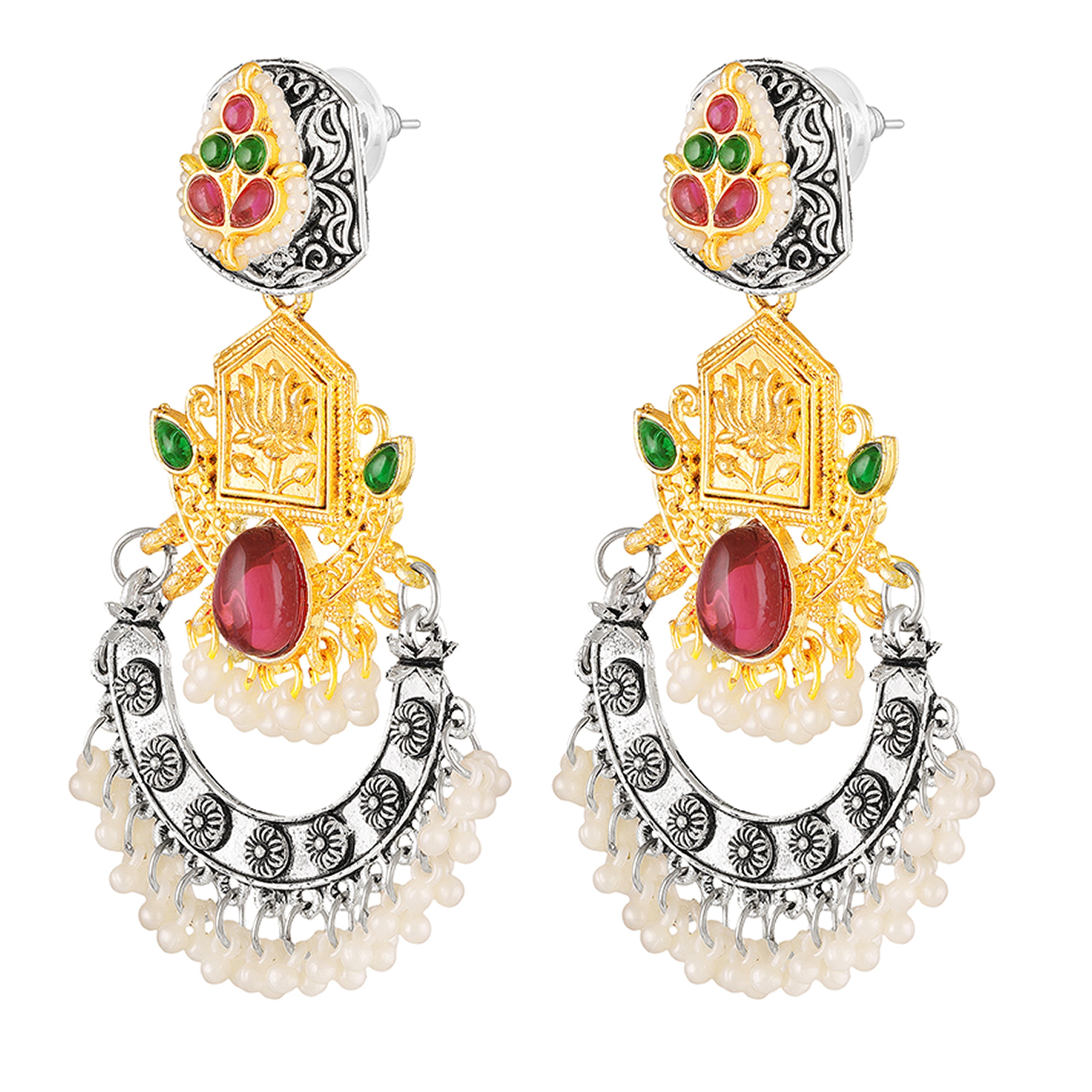 Mahi Traditional Dual-Tone Temple Style Dangler Jhumka Earrings with Kundan & Artificial Pearl Beads for Womens (ER1109887M)
