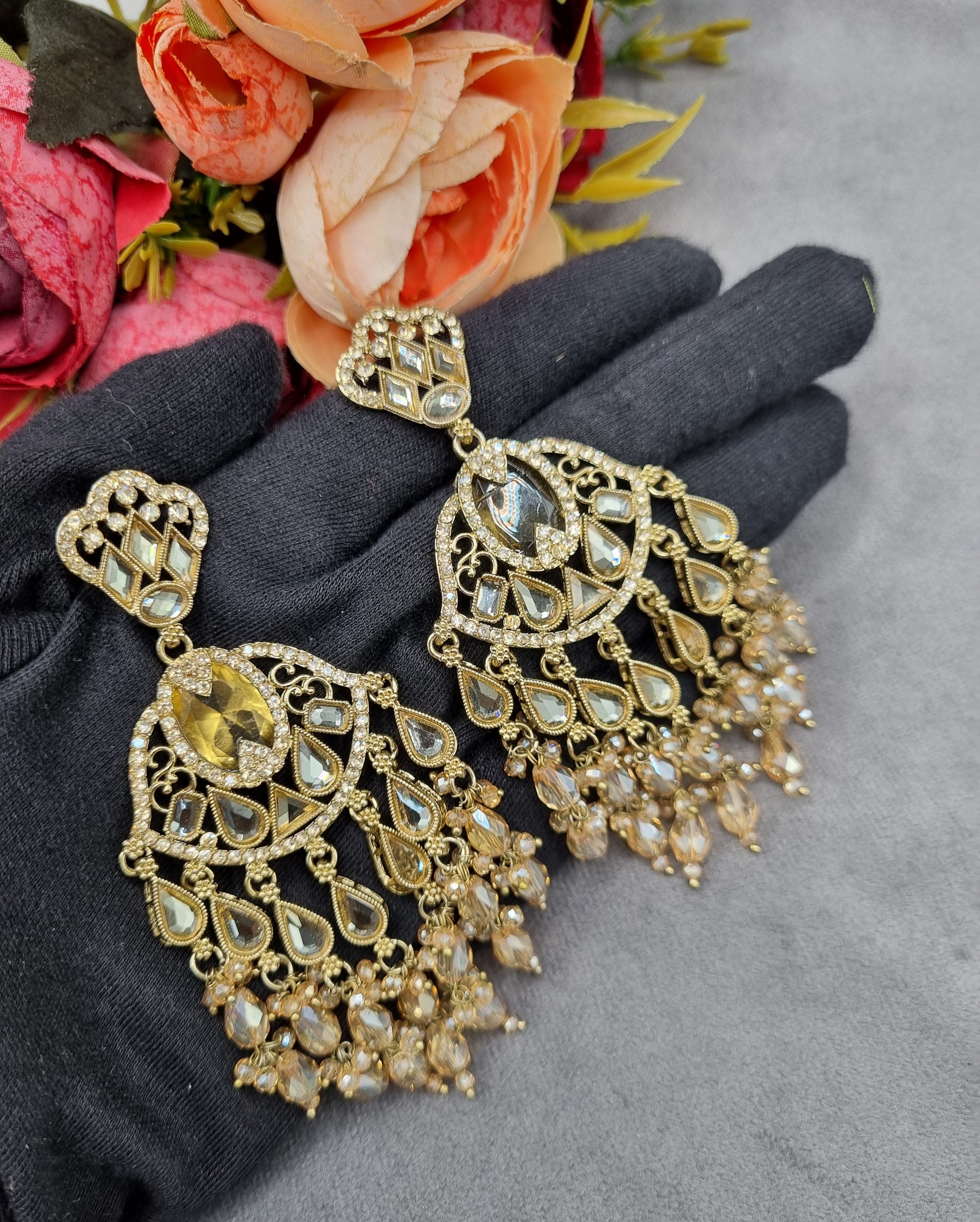 LAFZ  Antique Gold Statement Chandbali Earrings with Crystal Beads - ER130