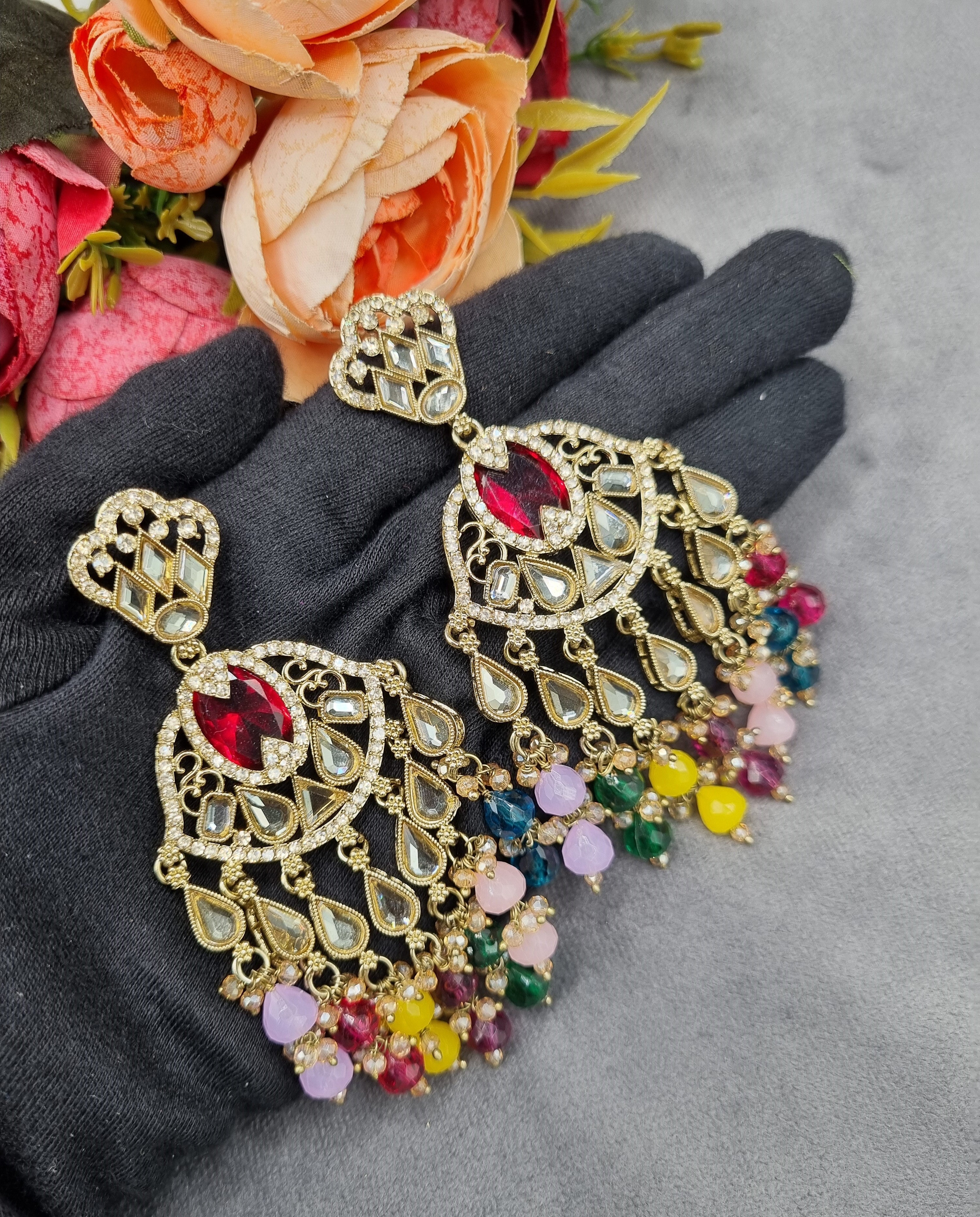 LAFZ  Antique Gold Statement Chandbali Earrings with Crystal Beads - ER130
