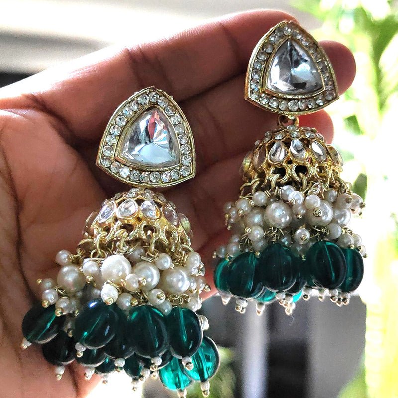 Gehana Mahal Gold Plated Crystal Stone And Pearl Jhumki Earrings