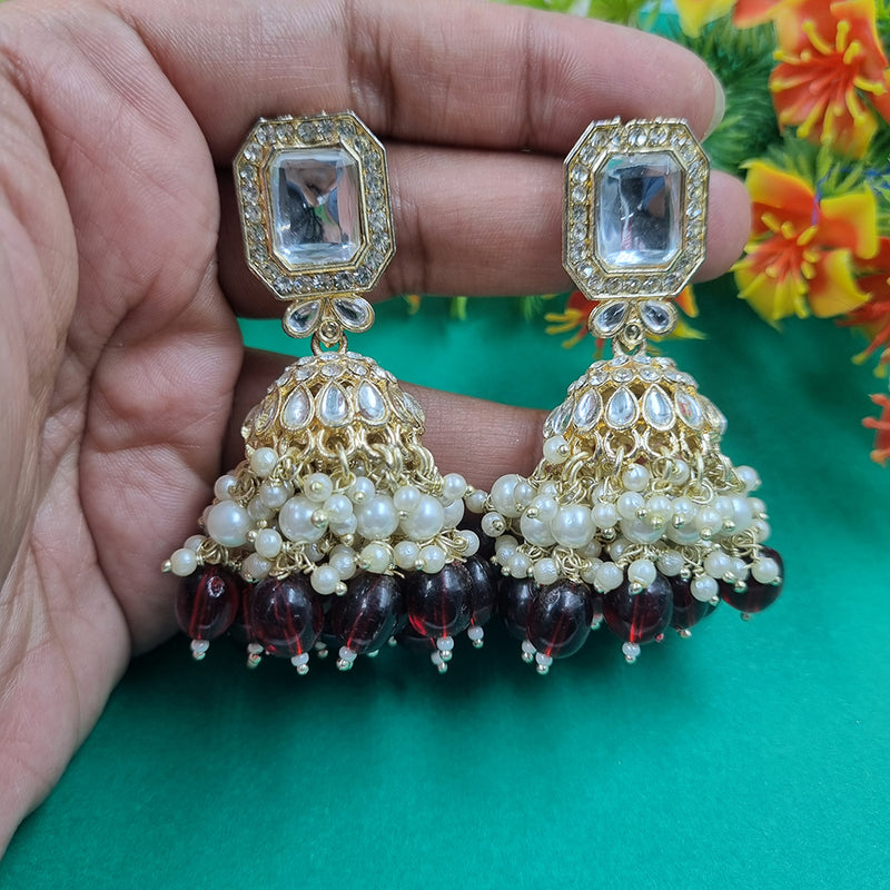 Gehana Mahal Gold Crystal Stone And Beads Jhumki Earrings