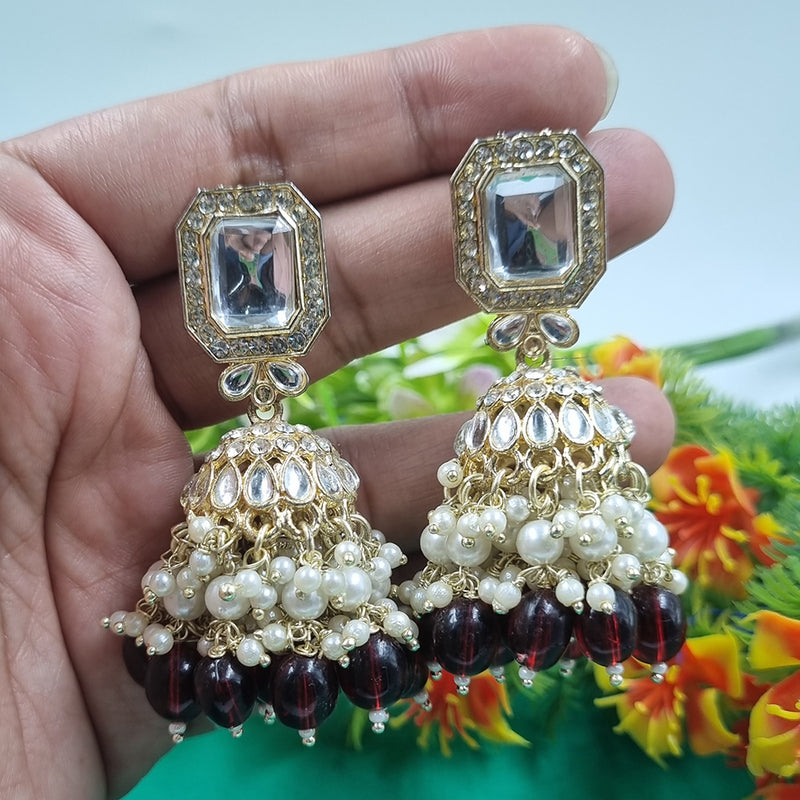 Gehana Mahal Gold Crystal Stone And Beads Jhumki Earrings