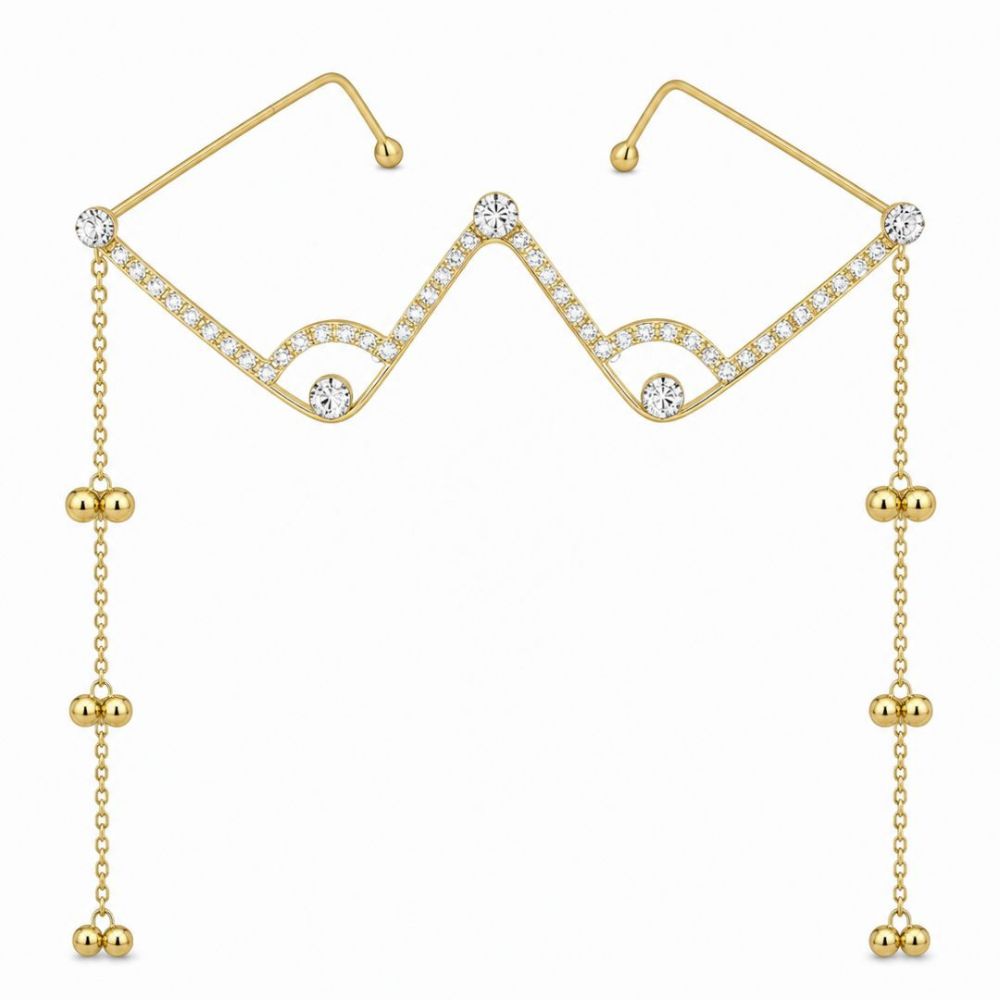 EtnicoFashion Gold Plated American Diamond Facelet Rimless Lensless Glasses Eyewear with Decorative Chains and Ghungroo Party Accessory for Women & Girls (F003)b