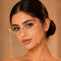 EtnicoFashion Gold Plated American Diamond Facelet Rimless Lensless Glasses Eyewear with Decorative Chains and Ghungroo Statement Party Accessory for Women & Girls (F004)