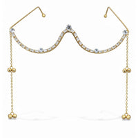 EtnicoFashion Gold Plated American Diamond Facelet Rimless Lensless Glasses Eyewear with Decorative Chains and Ghungroo Statement Party Accessory for Women & Girls (F004)