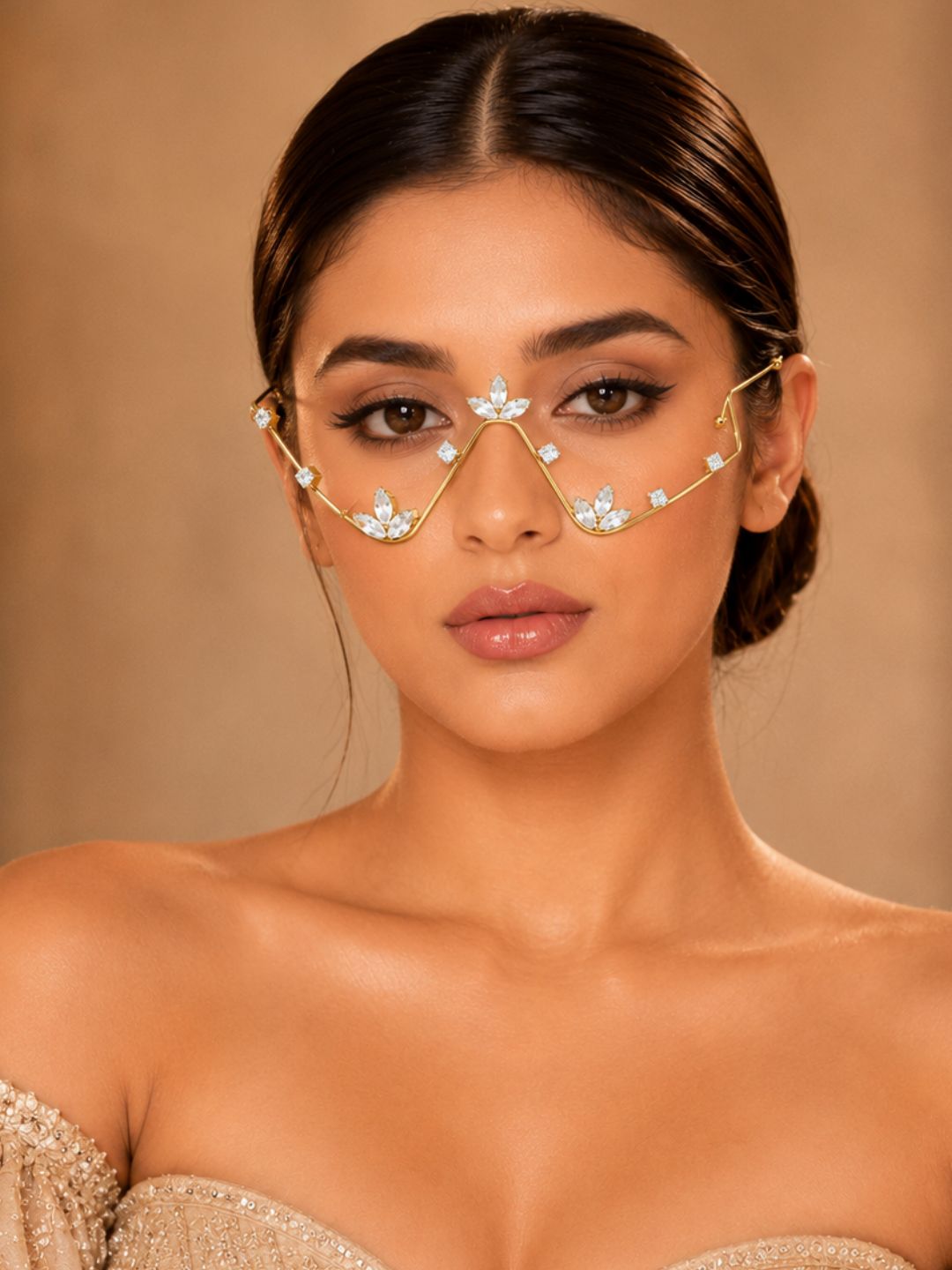 EtnicoFashion Gold Plated American Diamond Facelet Rimless Lensless Glasses Eyewear with Zigzag Floral Design Statement Party Accessory for Women & Girls (F006)