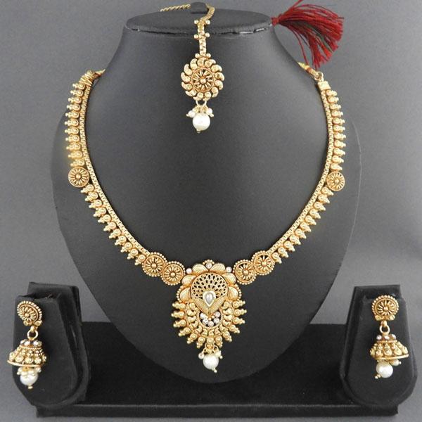 Darshana Jewels Copper Pearl Drop Necklace Set With Maang Tikka - FAP0008