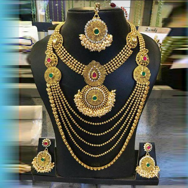 Darshana Jewels Stone Double Necklace Set With Maang Tikka