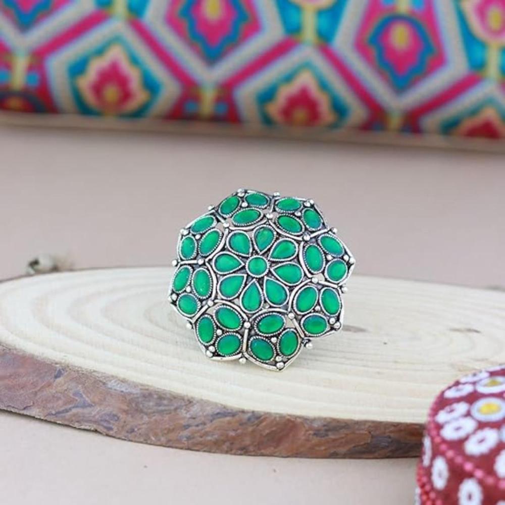 Etnico Ethnic Silver Oxidized Kundan Work Round Adjustable Finger Ring for Women (FL204GG)