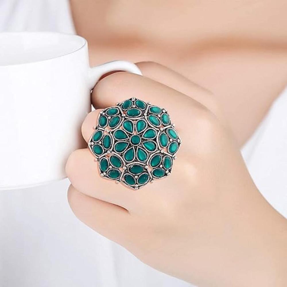 Etnico Ethnic Silver Oxidized Kundan Work Round Adjustable Finger Ring for Women (FL204GG)