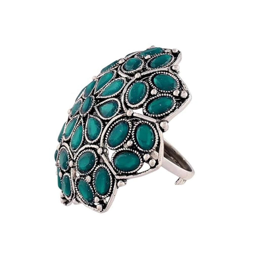 Etnico Ethnic Silver Oxidized Kundan Work Round Adjustable Finger Ring for Women (FL204GG)