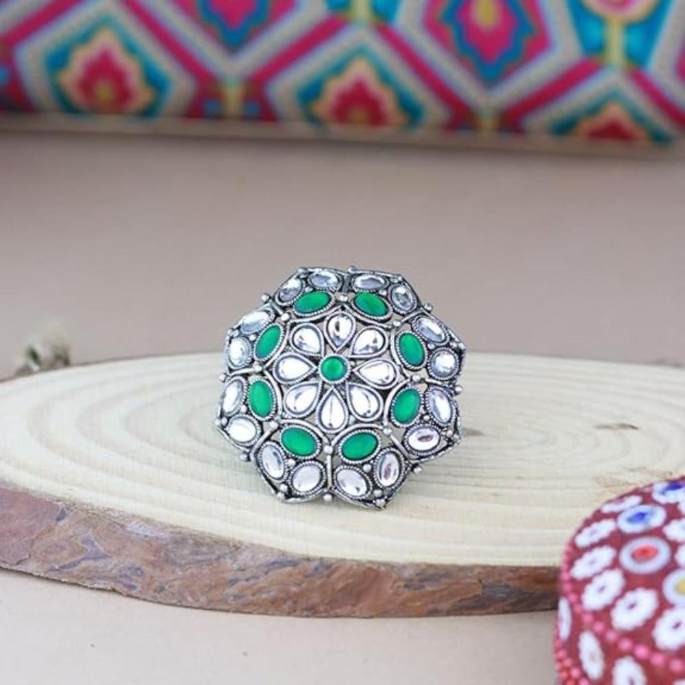 Etnico Ethnic Silver Oxidized Kundan Work Round Adjustable Finger Ring for Women (FL204G)