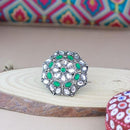 Etnico Ethnic Silver Oxidized Kundan Work Round Adjustable Finger Ring for Women (FL204G)