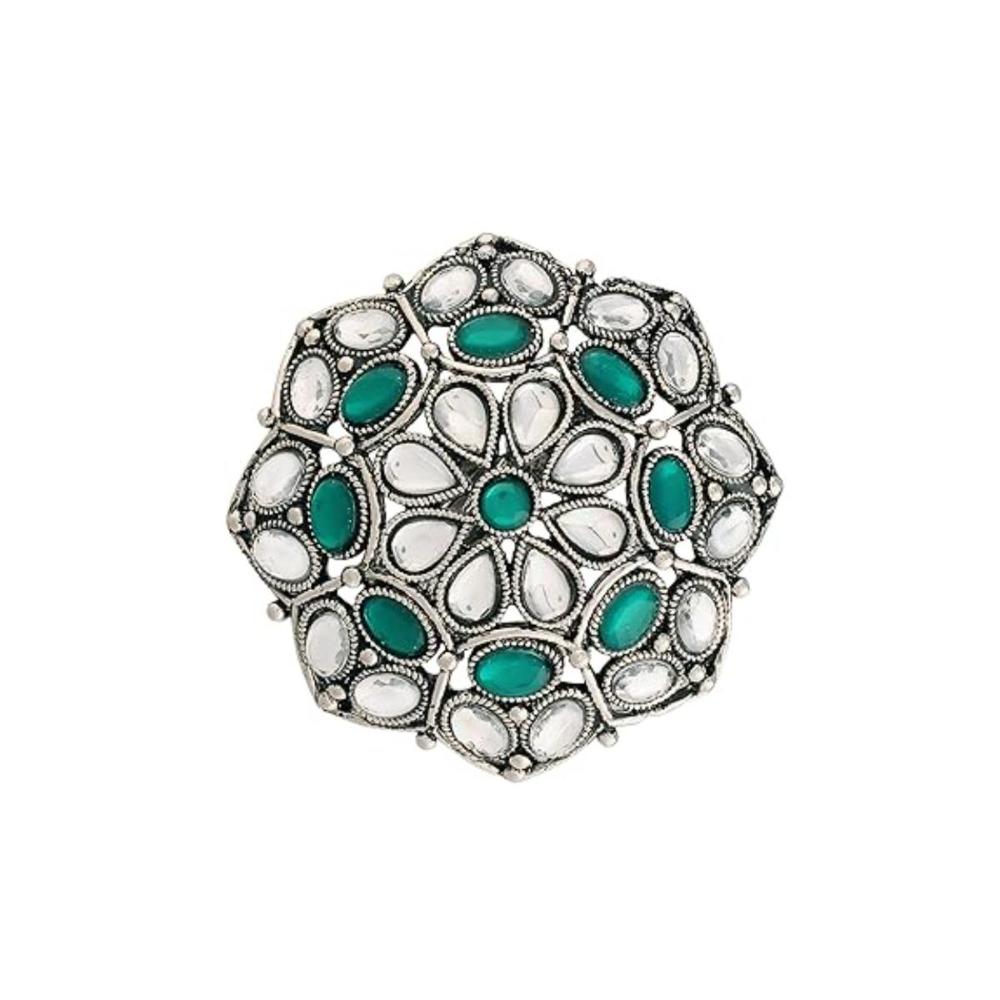 Etnico Ethnic Silver Oxidized Kundan Work Round Adjustable Finger Ring for Women (FL204G)