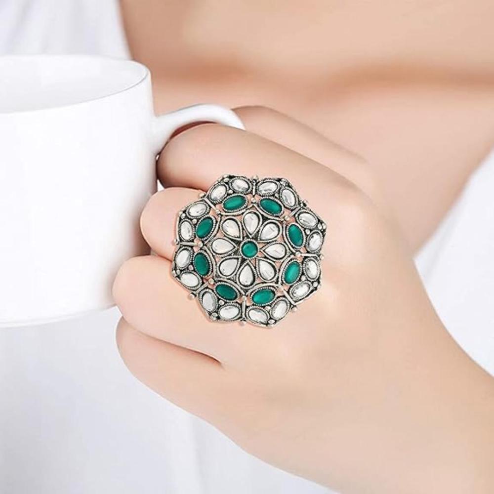 Etnico Ethnic Silver Oxidized Kundan Work Round Adjustable Finger Ring for Women (FL204G)